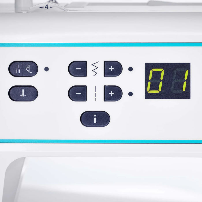 Control panel of a sewing machine with buttons and digital display.