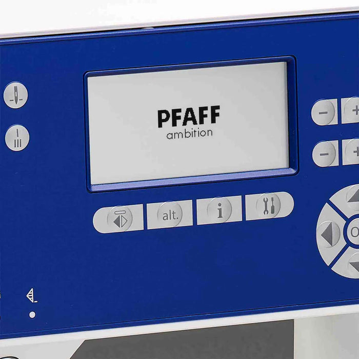 Control panel of a PFAFF sewing machine with digital display and buttons.