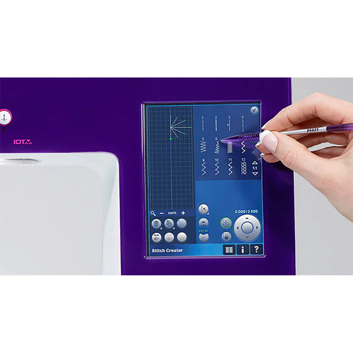 Person using a sewing machine's touch screen interface with a pen.