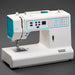 White sewing machine with blue accents on a dark background