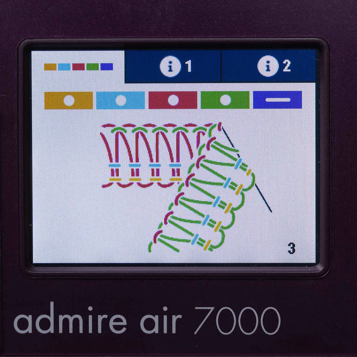 Display of a embroidery design on a machine with 'admire air 7000' branding.