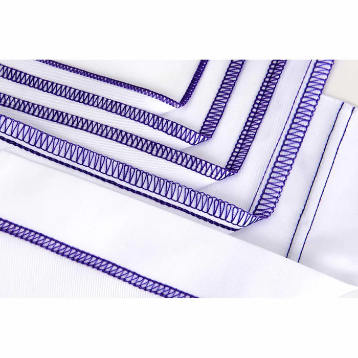 White fabric with blue zigzag stitching on a white background