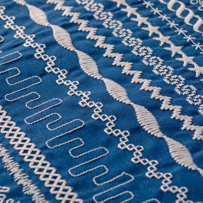 Close-up of blue fabric with white embroidery patterns