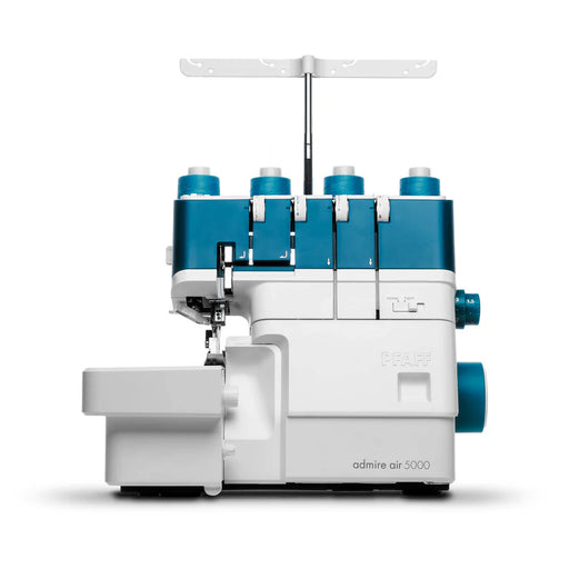 Pfaff Admire air 5000 Serger with blue and white components on a white background