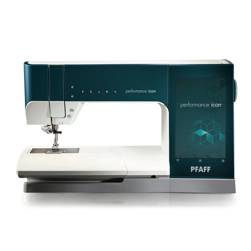 PFAFF sewing machine with a white and teal design on a white background