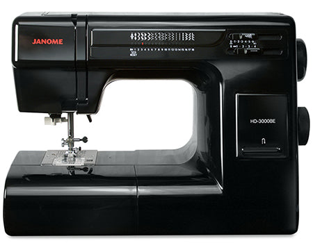 Janome HD-3000BE Black Edition heavy-duty mechanical sewing machine front view with built-in stitches and metal frame