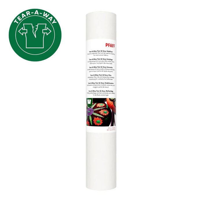 Roll of paper towels with a tear-a-way label on a white background