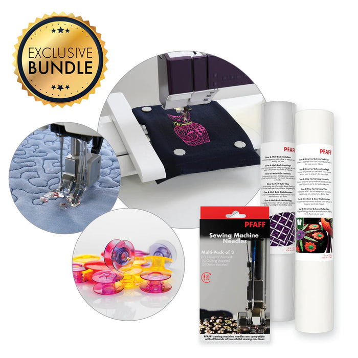 Collection of embroidery supplies including fabric, threads, and a machine.