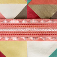 Geometric quilt pattern with colorful triangles and horizontal stripes.