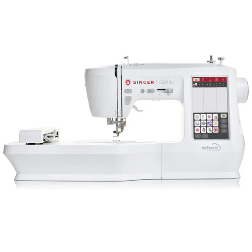 SINGER SE9180 sewing and embroidery machine with extended embroidery arm and large color touchscreen, front profile view