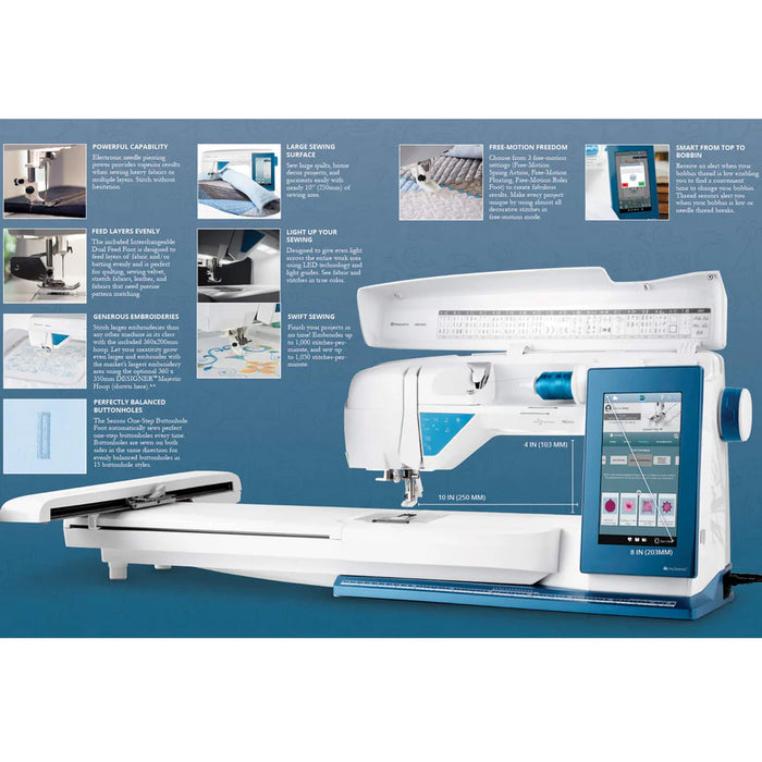 Husqvarna Viking Designer Sapphire 85 sewing and embroidery machine showcasing large sewing space, touchscreen display, and advanced sewing features
