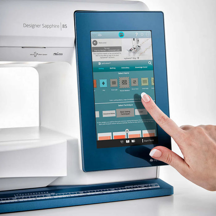 8-inch color touchscreen on Husqvarna Viking Designer Sapphire 85 sewing machine displaying JoyOS Advisor sewing and embroidery interface