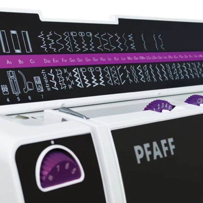 PFAFF embroidery machine with various stitch patterns on a white background
