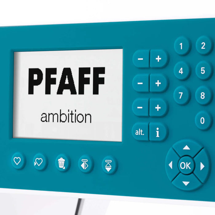 Teal control panel with 'PFAFF ambition' branding on a white background