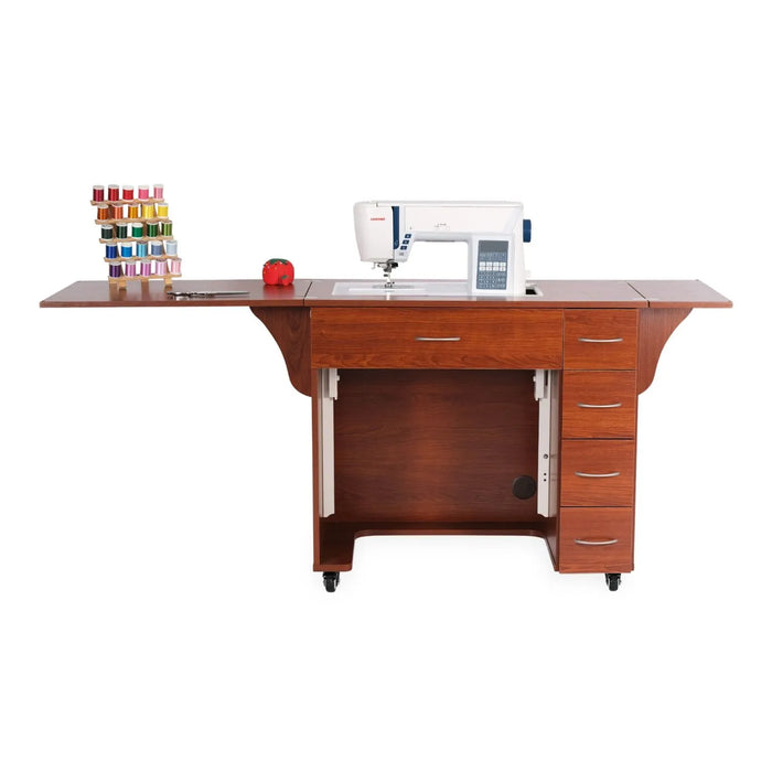 Arrow Alice Sewing Cabinet in Teak 205 fully extended with sewing machine, thread rack, and fold-out leaves for large workspace
