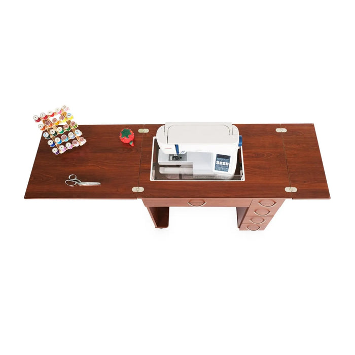 Top view of Arrow Alice Sewing Cabinet in Teak 205 showing extended work surface, sewing machine insert, and spacious layout