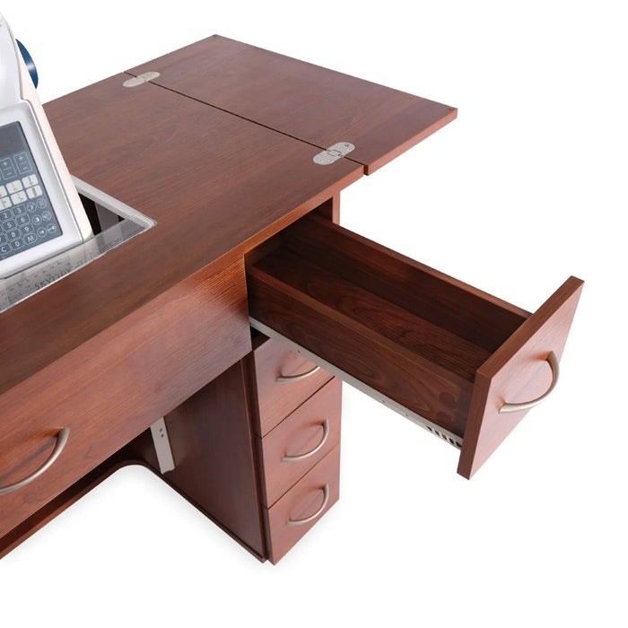 Close-up of Arrow Alice Sewing Cabinet in Teak 205 drawer extended to show storage capacity for sewing notions