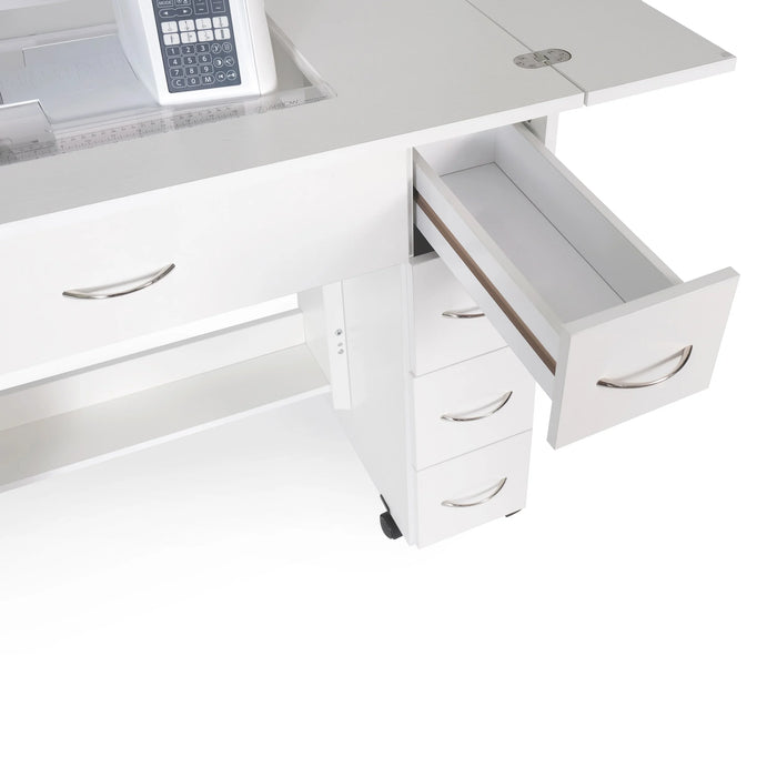 Close-up of Arrow Alice 211 Sewing Cabinet in White with open drawer for sewing notions and accessories