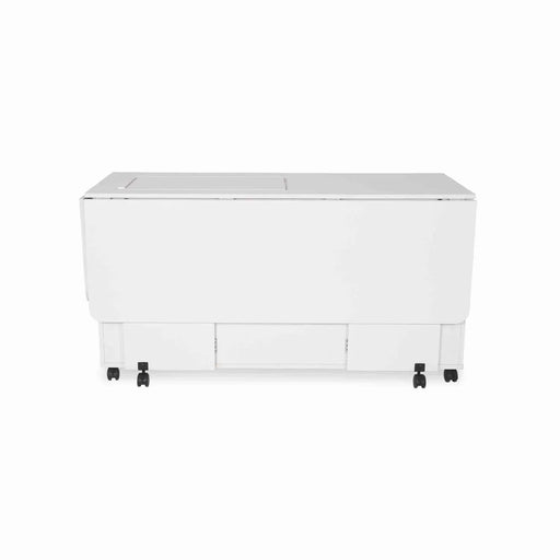 Closed Arrow Christa Sewing Cabinet in White 1401 shown in compact storage position with locking casters.