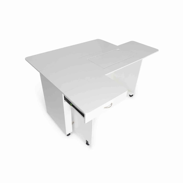 Top angle view of Arrow Christa Sewing Cabinet in White with extended work surface and spacious sewing machine lift area.