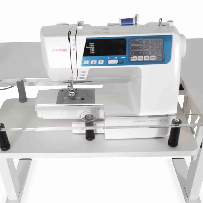 Close-up view of sewing machine lowered into Arrow Eleanor 691 multi-position sewing platform.