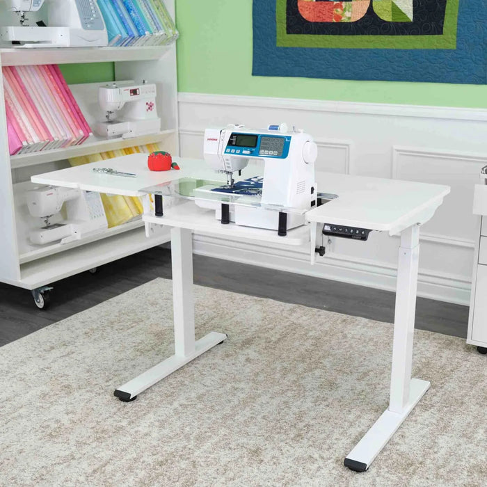 Arrow Eleanor 691 Sewing Table in craft room setup with Janome sewing machine and extension leaf.