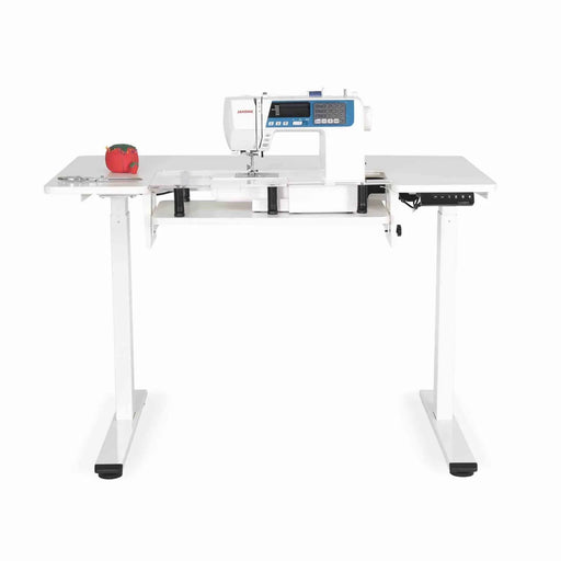 Arrow Eleanor Sewing Table 691 with sewing machine installed, showcasing height-adjustable electric sewing workstation.