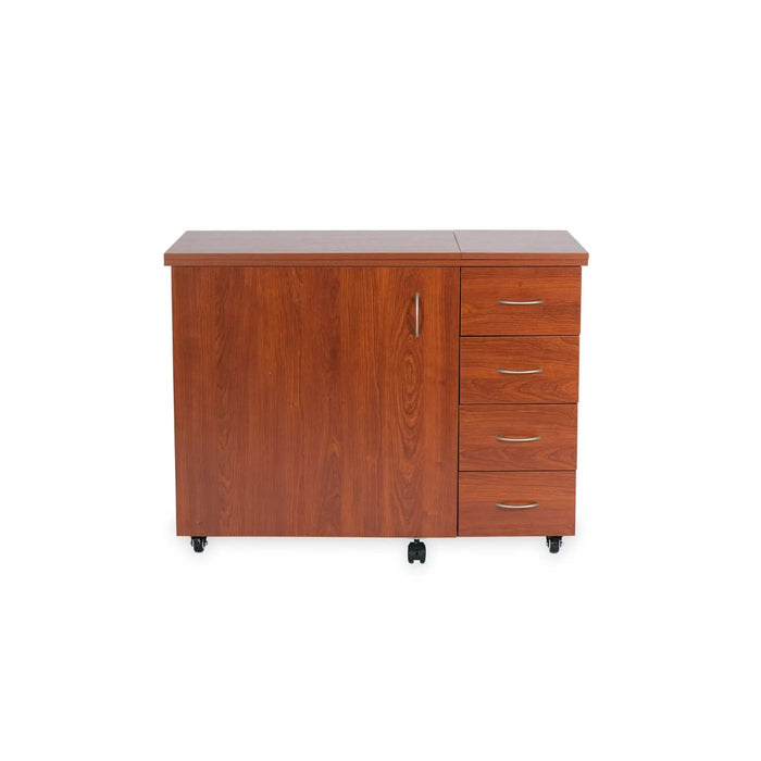 Arrow Harriet Sewing Cabinet in Teak 305 shown closed with four storage drawers and smooth teak finish.