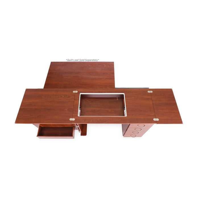 Top view of Arrow Harriet Sewing Cabinet in Teak 305 showing extended work surfaces and sewing machine lift opening.