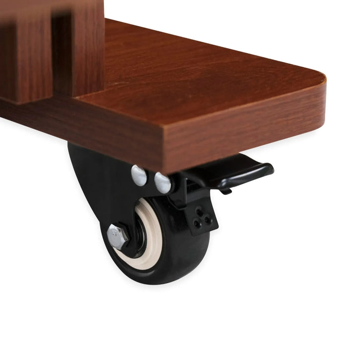 Heavy-duty locking caster on Arrow Harriet Sewing Cabinet in Teak 305 for easy mobility and stability.