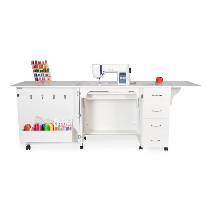 Arrow Harriet 311 White Sewing Cabinet fully opened with sewing machine, thread racks, embroidery hoop hooks, and extended workspace.