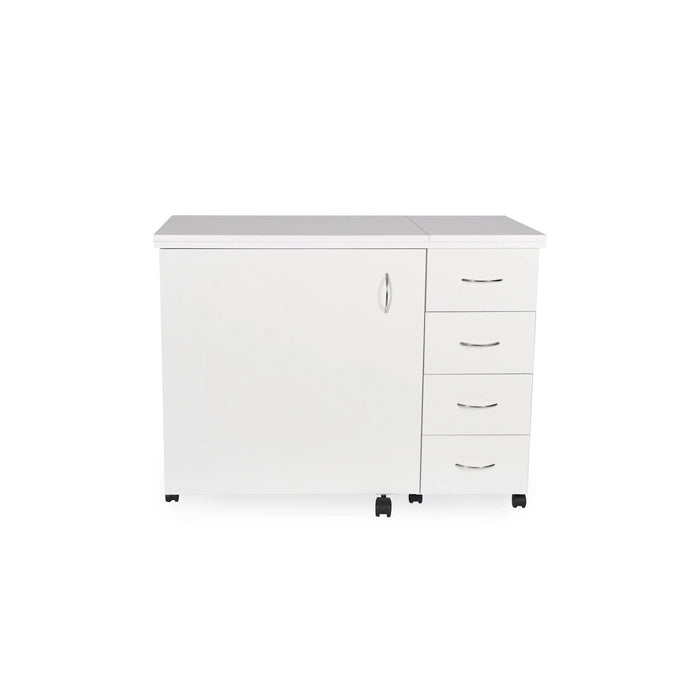 Arrow Harriet 311 White Sewing Cabinet shown closed with smooth white finish and four storage drawers on locking casters.