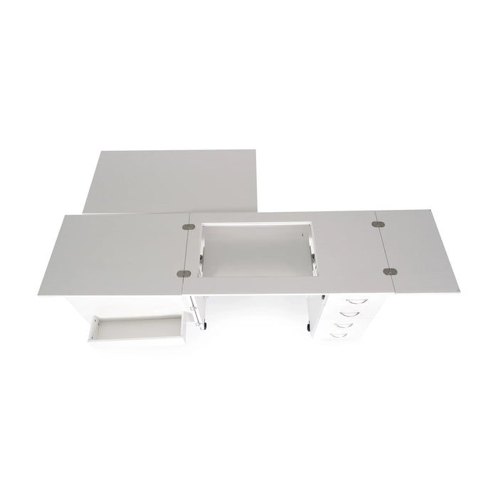 Top-down view of Arrow Harriet 311 White Sewing Cabinet with expanded work surfaces and sewing machine lift opening.