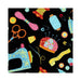 Black Notions sewing fabric close-up – colorful sewing notions pattern with scissors, thread spools, pincushions, needles, and buttons on black background.