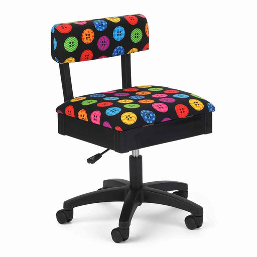 Arrow Bright Buttons Hydraulic Sewing Chair – front angle view with colorful button-pattern upholstery, ergonomic padded backrest, and height-adjustable swivel base.