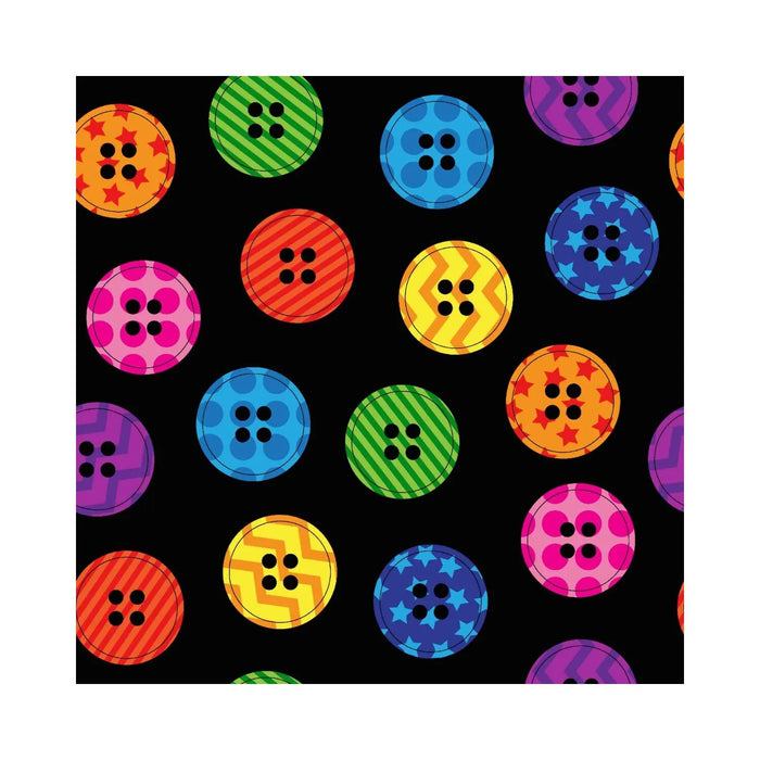 Bright Buttons sewing fabric close-up – multicolor patterned buttons on black background for Arrow hydraulic sewing chair upholstery.