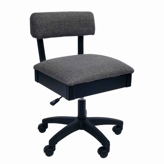 Arrow Lady Gray Hydraulic Sewing Chair – front angle view with gray upholstered seat, ergonomic padded backrest, and height-adjustable swivel base.