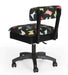 Arrow Dog’s Meow Hydraulic Sewing Chair Black – rear angle view highlighting durable dog-print upholstery, supportive backrest, and smooth-rolling casters.