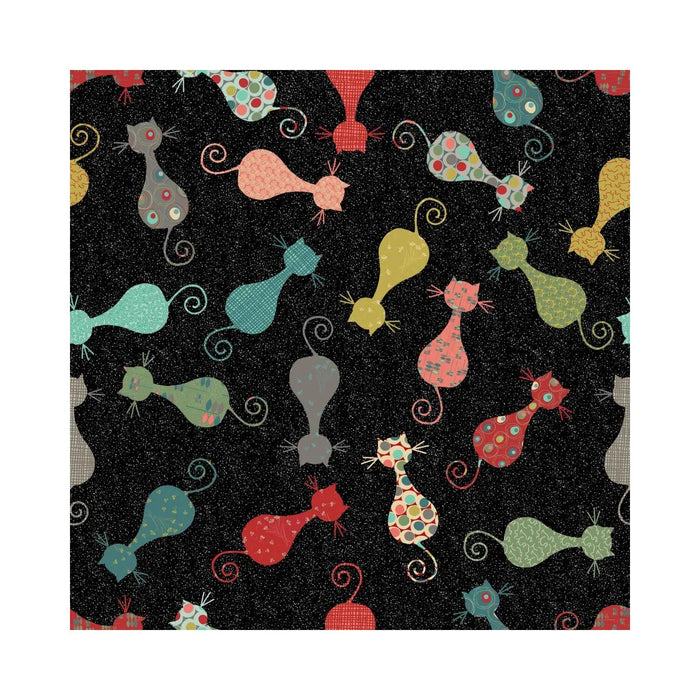 Arrow Cat’s Meow Sewing Chair Black – close-up of multicolor whimsical cat-pattern fabric design on black background.