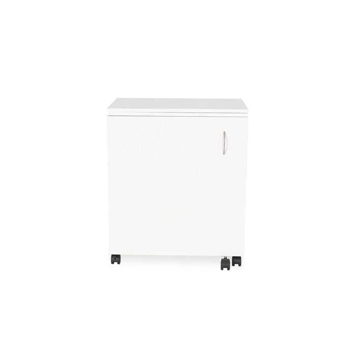 Closed Arrow Judy Sewing Cabinet 101 in White with compact footprint and locking casters for easy mobility and storage.