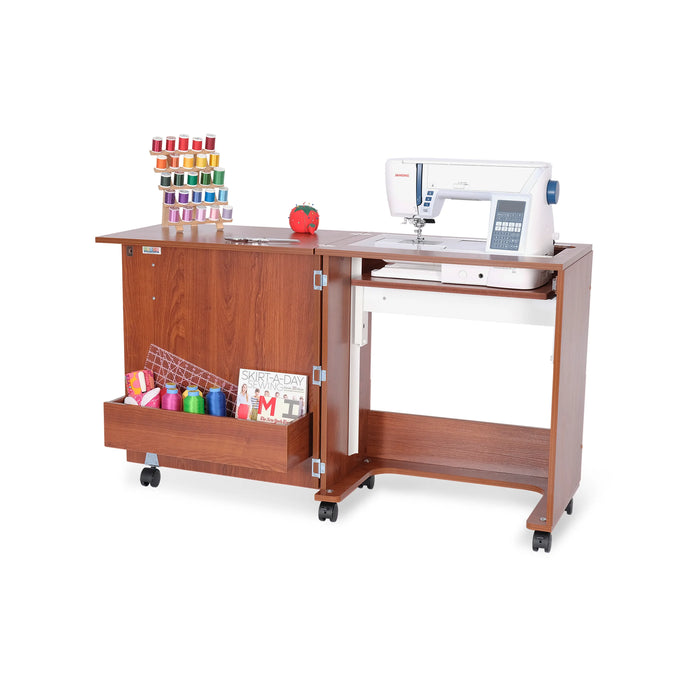 Arrow Judy 105 Teak Sewing Cabinet with sewing machine installed and storage cubby holding colorful thread spools, fabric, and quilting supplies.