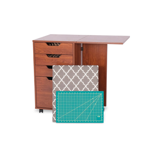 Kangaroo Kiwi Storage Cabinet in Teak K7105 with drawers, removable ironing board, and cutting mat displayed in front.