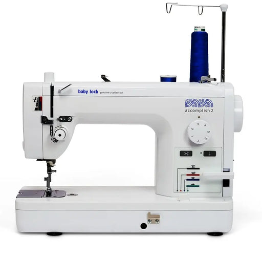 Baby Lock BL530B Accomplish 2 Straight Stitch Sewing Machine front view with thread stand – high-speed quilting and sewing machine.