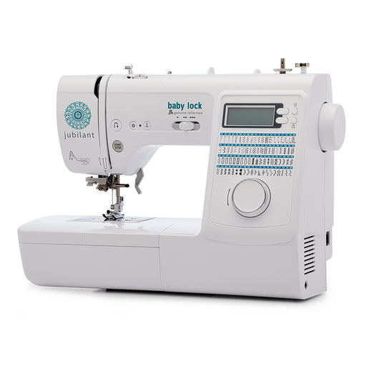 Side angled view of the Baby Lock Jubilant BL80B Sewing Machine highlighting stitch selection and compact design.