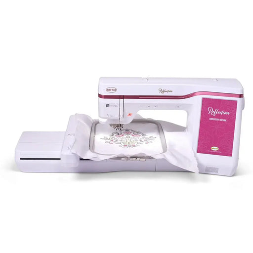 Baby Lock BLRT Reflection embroidery-only machine with large embroidery hoop stitching a floral design, showcasing extended workspace and advanced IQ Intuition features.