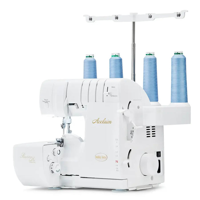 Angled view of Baby Lock Acclaim BLES4 serger showing thread guides, air threading technology, and four-cone setup.