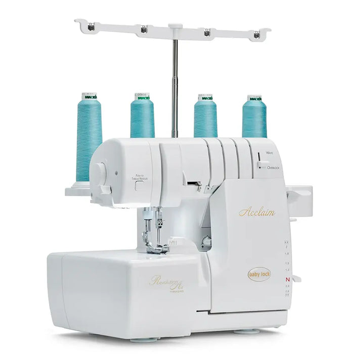 Side angle of Baby Lock Acclaim BLES4 serger machine with teal thread cones and RevolutionAir threading label visible.