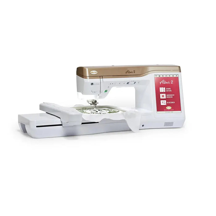 Baby Lock Altair 2 sewing and embroidery machine shown with embroidery module attached and fabric hooped for decorative stitching.