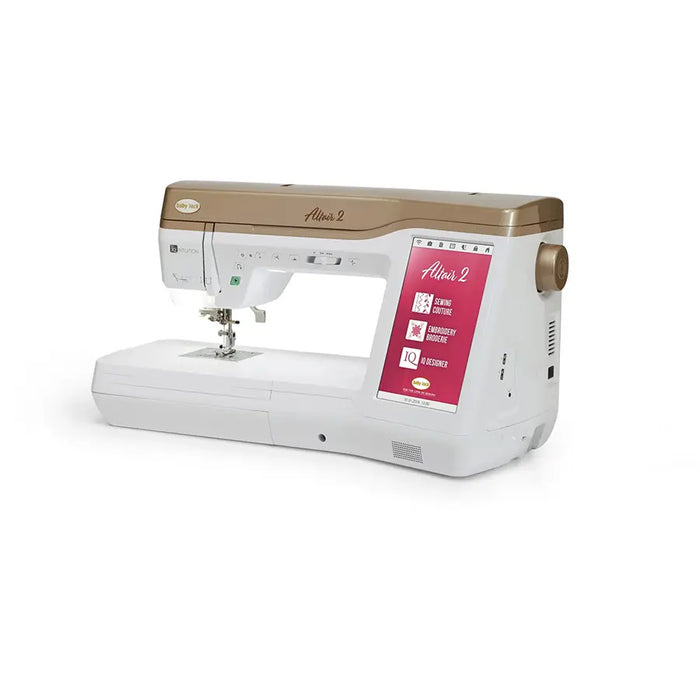 Baby Lock Altair 2 BLTA2 machine displayed in sewing mode with touchscreen menu for sewing, embroidery, and IQ Designer features.