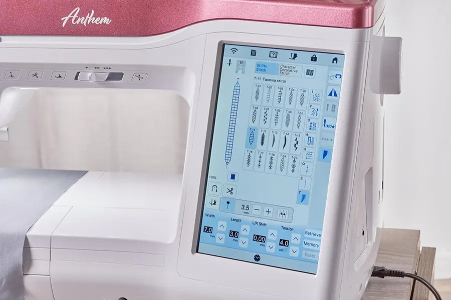 Close-up of Baby Lock Anthem BLAN touchscreen displaying stitch options and settings